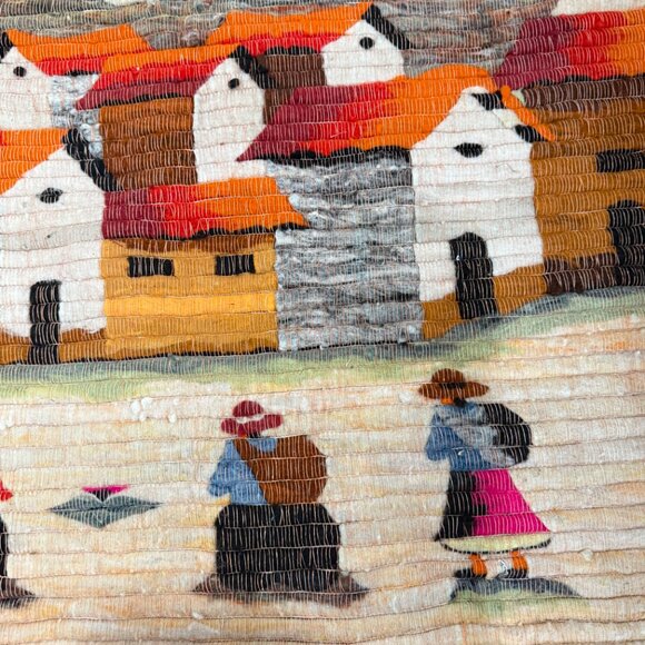 Peruvian Folk Art Tapestry Bohemian Decor Wool Colorful Village Mountain - Picture 4 of 7